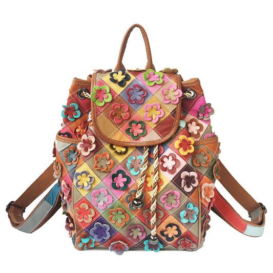 Cowhide Patchwork Diamond Checkered Flower Retro Style Backpack