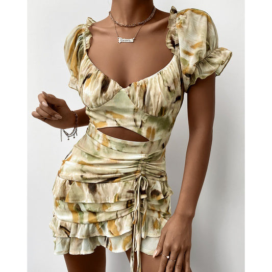 Puff Sleeve Drawstring Dress Women Summer