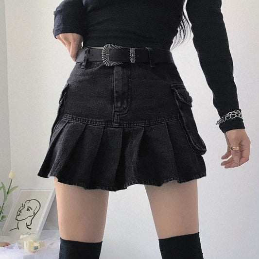 Denim Pleated Skirt High Waist Skirt