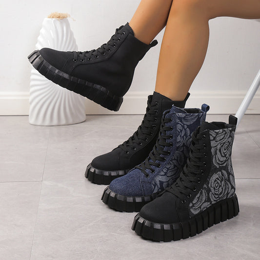 Women's Ankle Boots Floral Rose Pattern Platform Shoes Round Toe Lace-up Casual Boots Winter Flat Short Boot